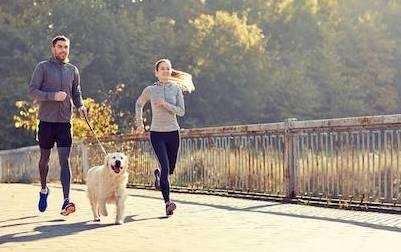 A couple jogging with their dog
